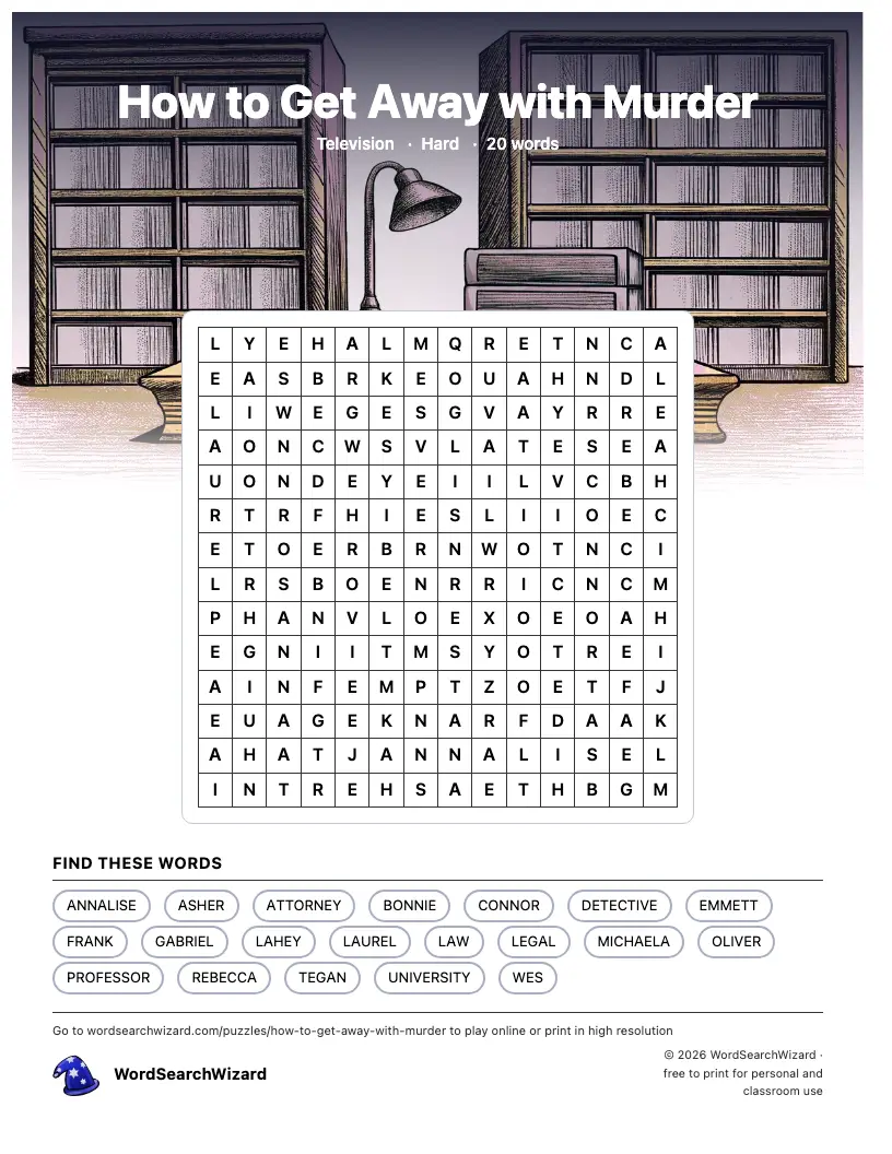 How to Get Away with Murder word search printable sheet, 20 words to find