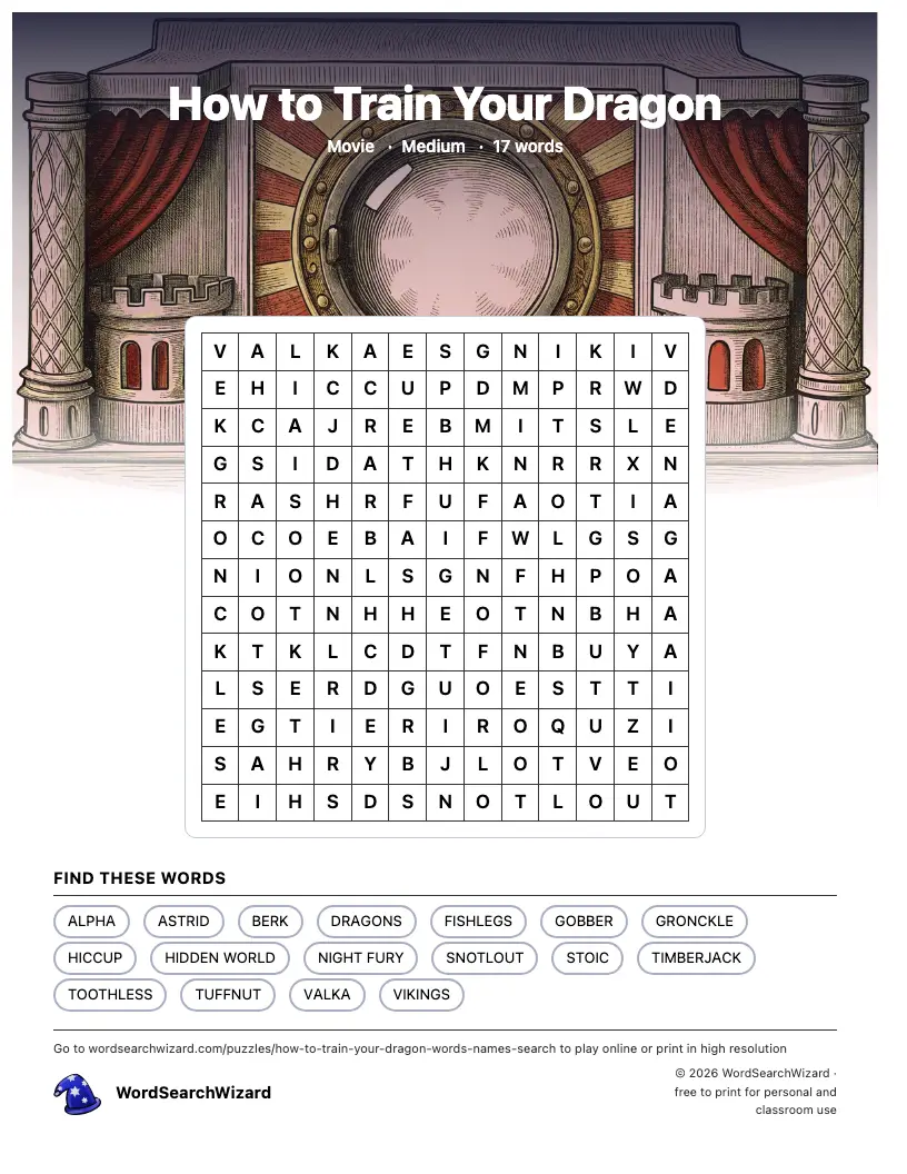 How to Train Your Dragon word search printable sheet, 17 words to find