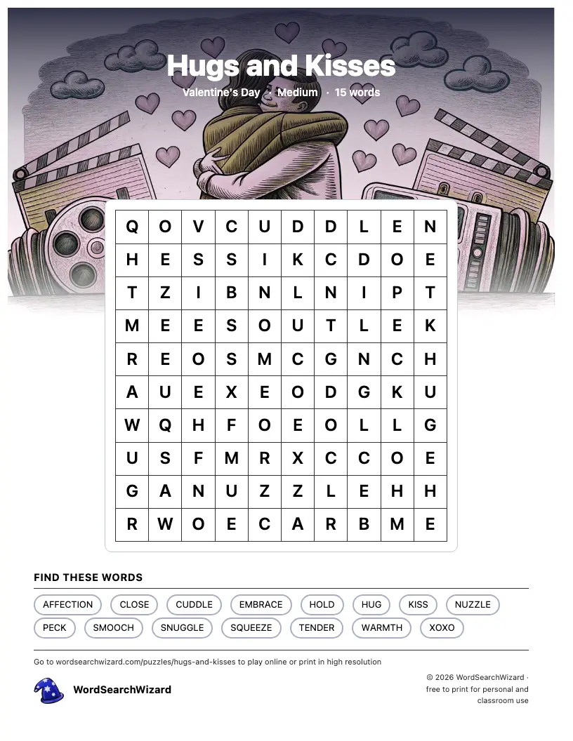Hugs and Kisses word search printable sheet, 15 words to find