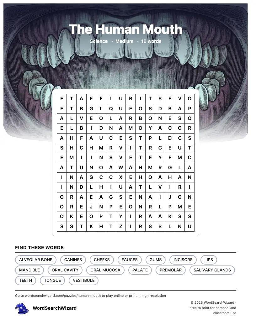 The Human Mouth word search printable sheet, 16 words to find