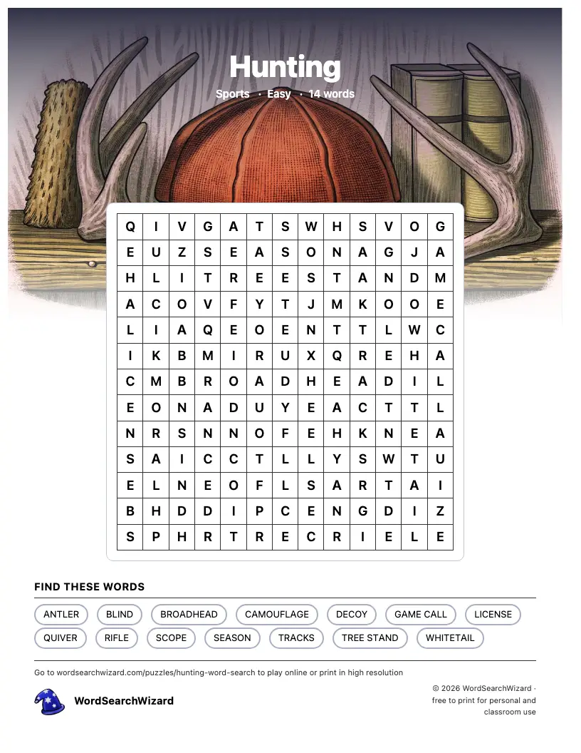 Hunting word search printable sheet, 14 words to find