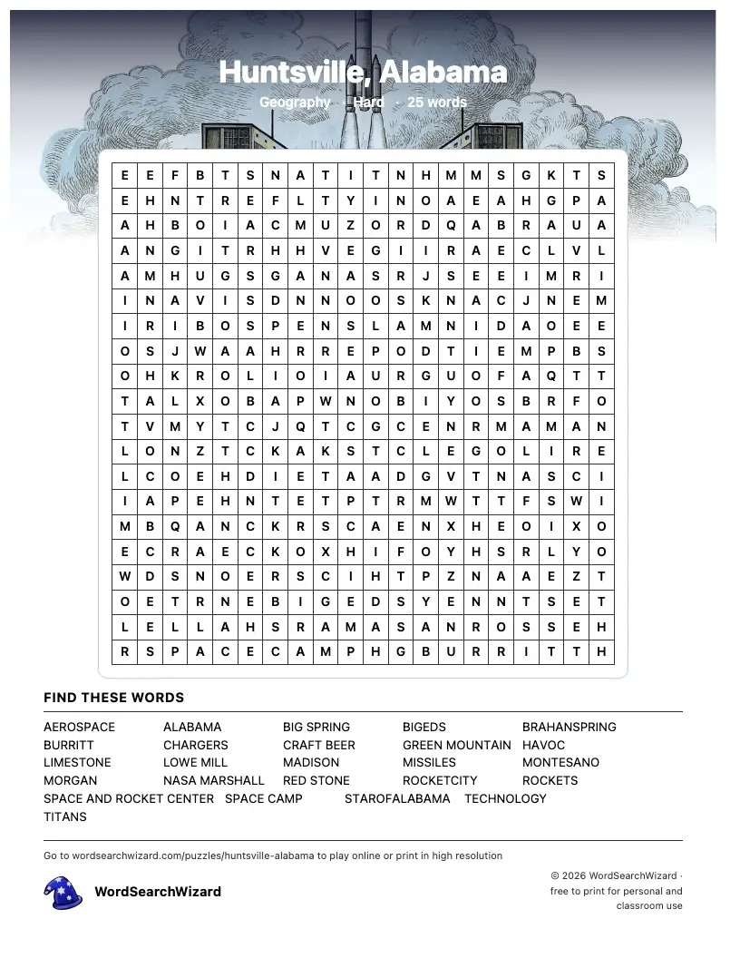 Huntsville, Alabama word search printable sheet, 25 words to find