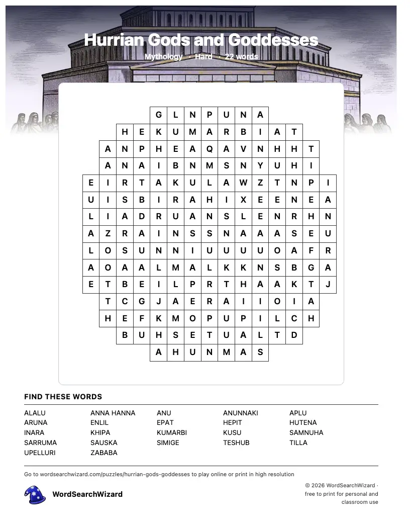 Hurrian Gods and Goddesses word search printable sheet, 22 words to find