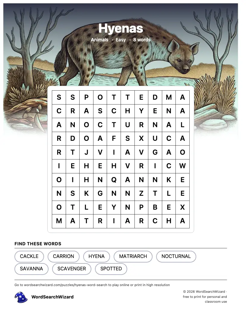 Hyenas word search printable sheet, 8 words to find