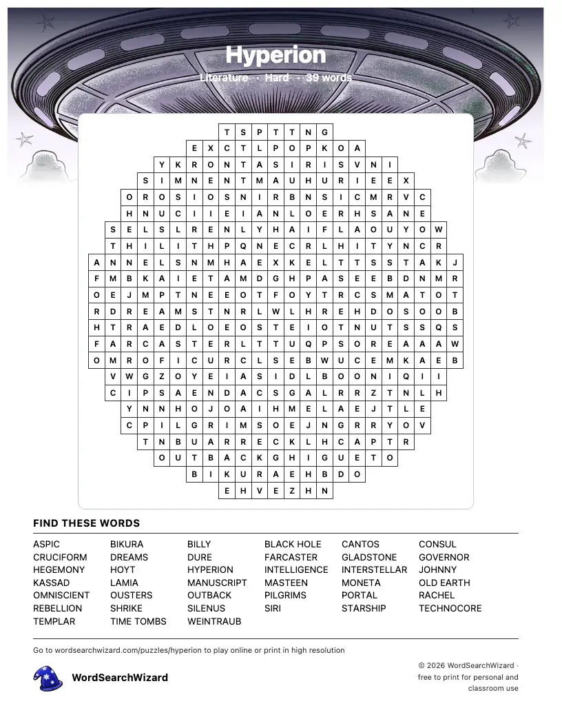 Hyperion word search printable sheet, 39 words to find