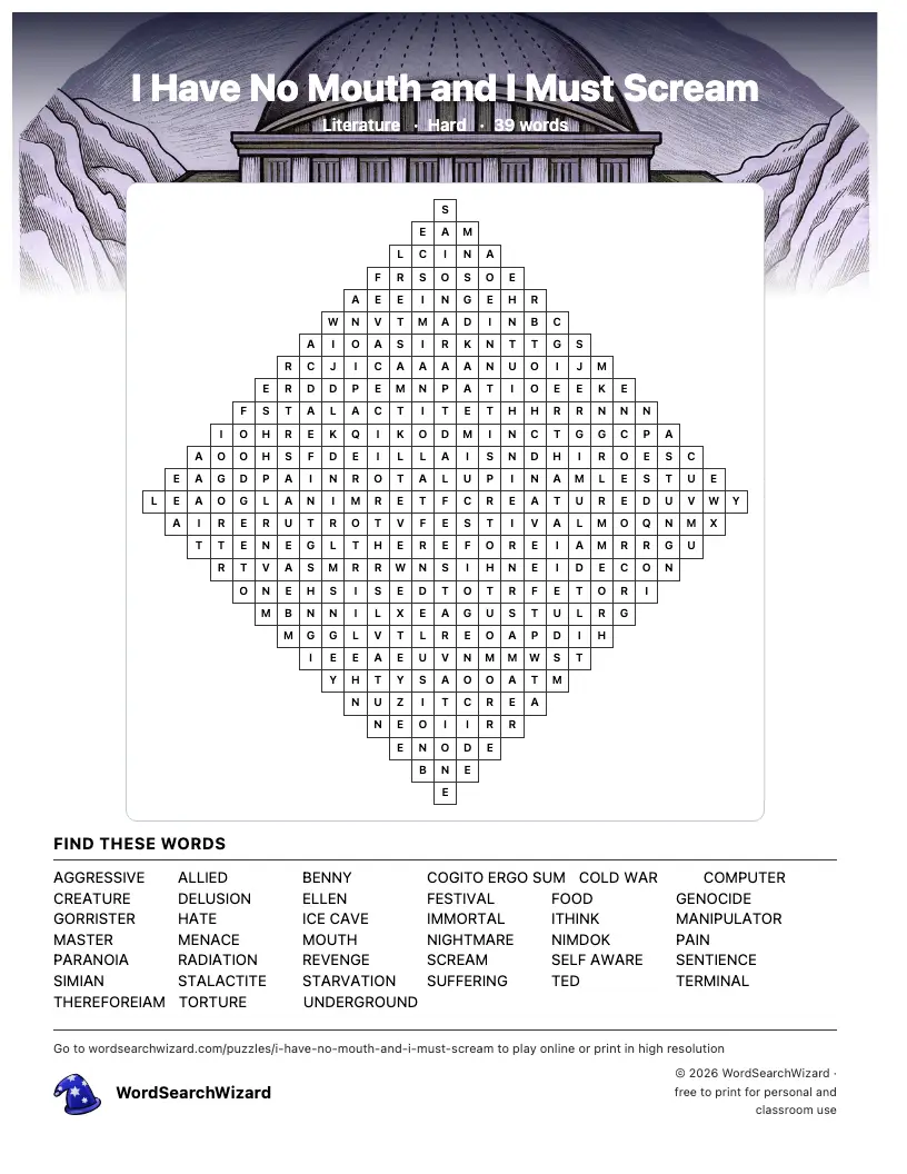 I Have No Mouth and I Must Scream word search printable sheet, 39 words to find