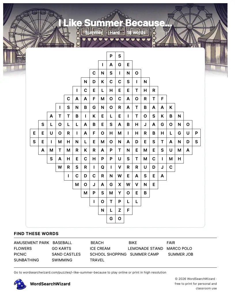 I Like Summer Because... word search printable sheet, 18 words to find
