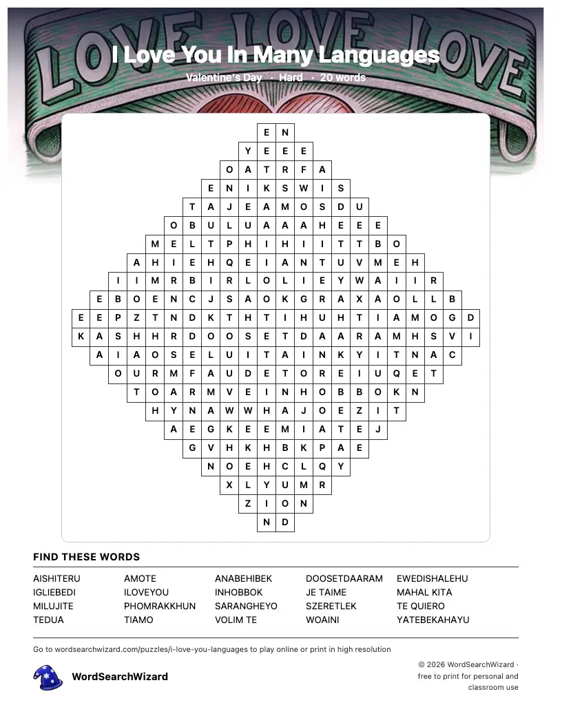 I Love You In Many Languages word search printable sheet, 20 words to find