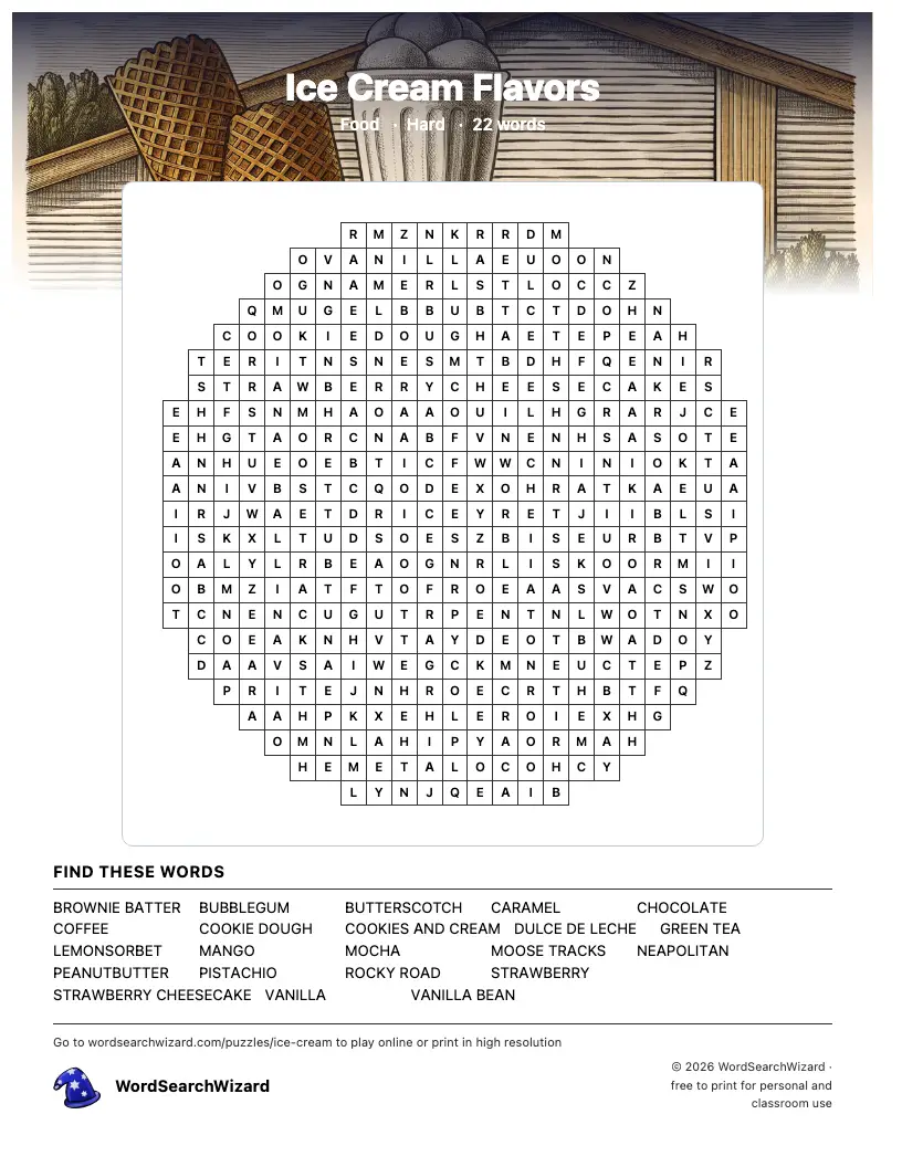 Ice Cream Flavors word search printable sheet, 22 words to find
