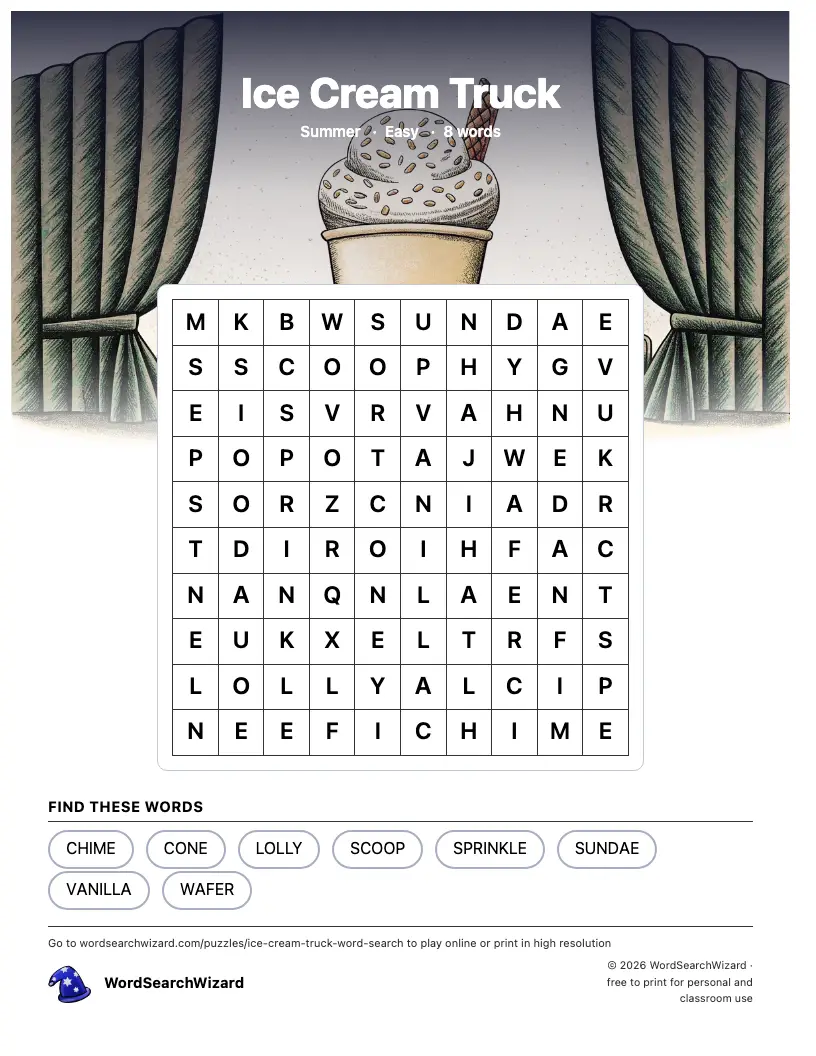 Ice Cream Truck word search printable sheet, 8 words to find