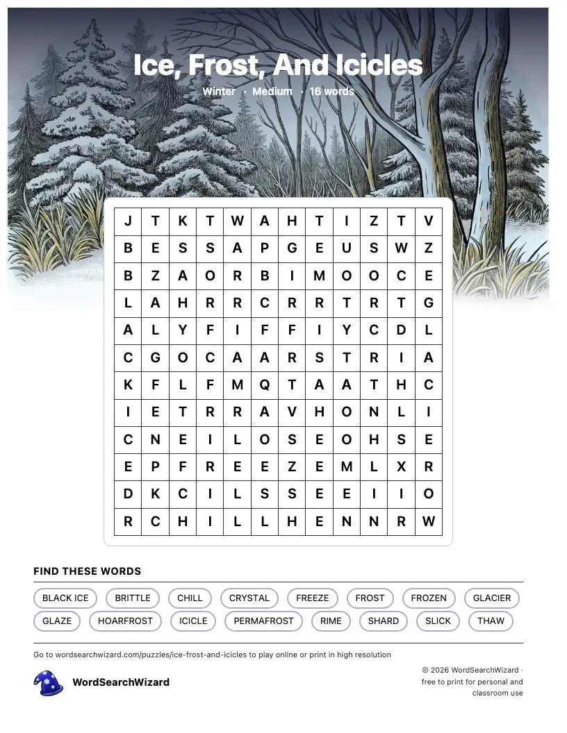 Ice, Frost, And Icicles word search printable sheet, 16 words to find