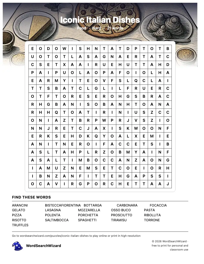 Iconic Italian Dishes word search printable sheet, 21 words to find