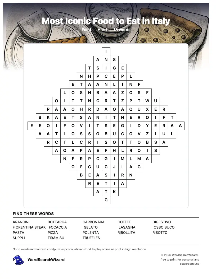 Most Iconic Food to Eat in Italy word search printable sheet, 18 words to find