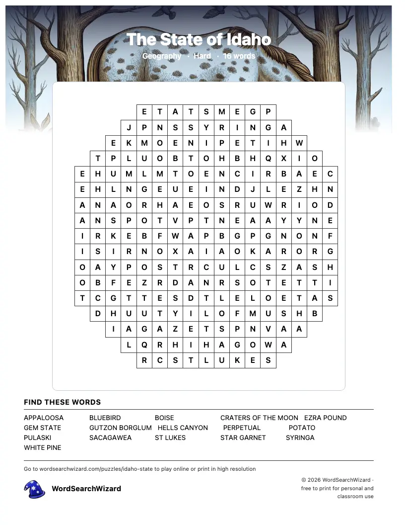 The State of Idaho word search printable sheet, 16 words to find