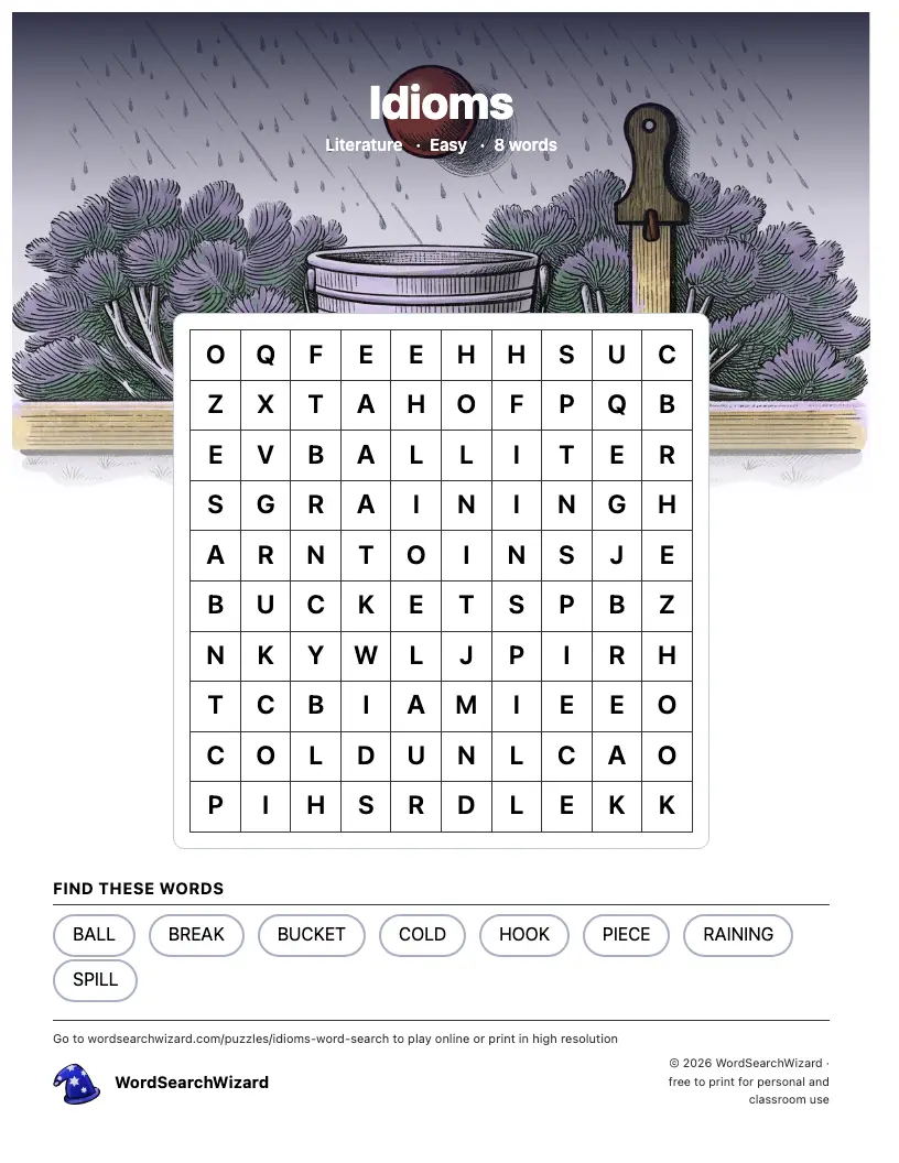 Idioms word search printable sheet, 8 words to find