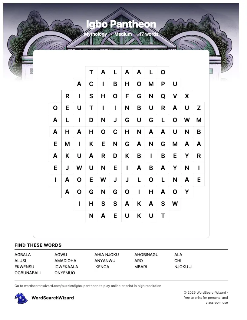 Igbo Pantheon word search printable sheet, 17 words to find