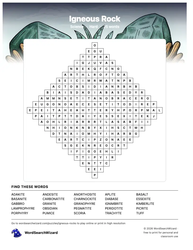 Igneous Rock word search printable sheet, 25 words to find