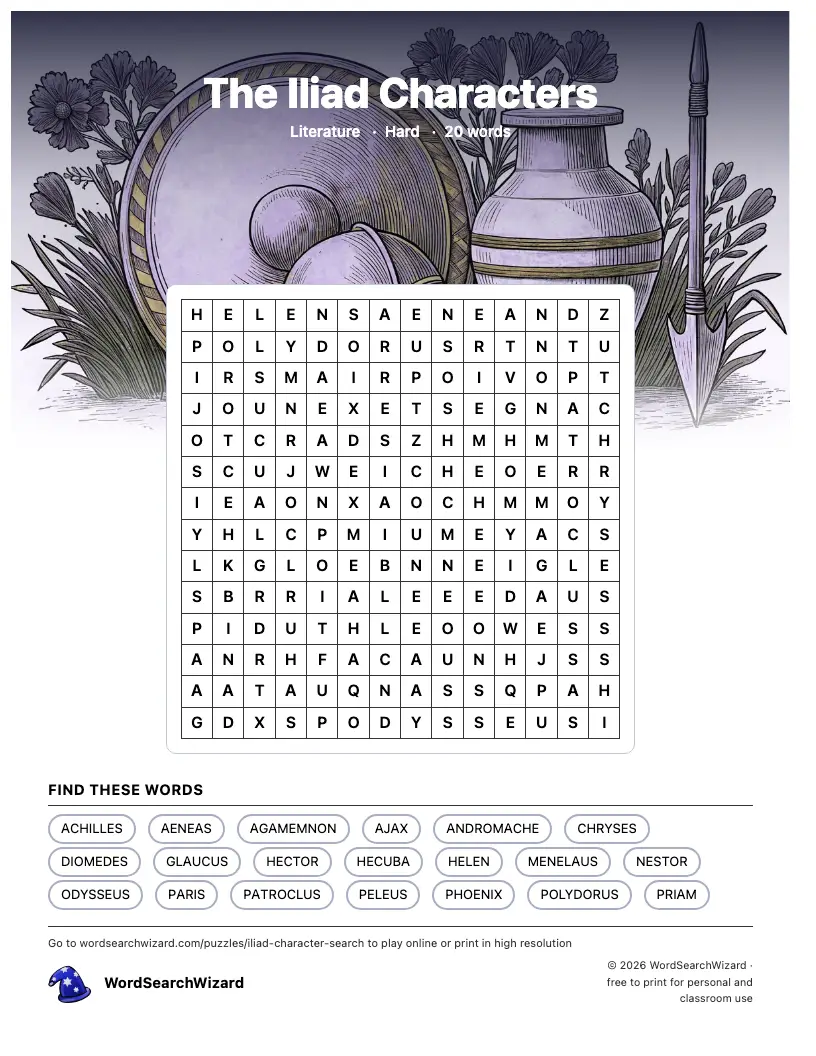 The Iliad Characters word search printable sheet, 20 words to find