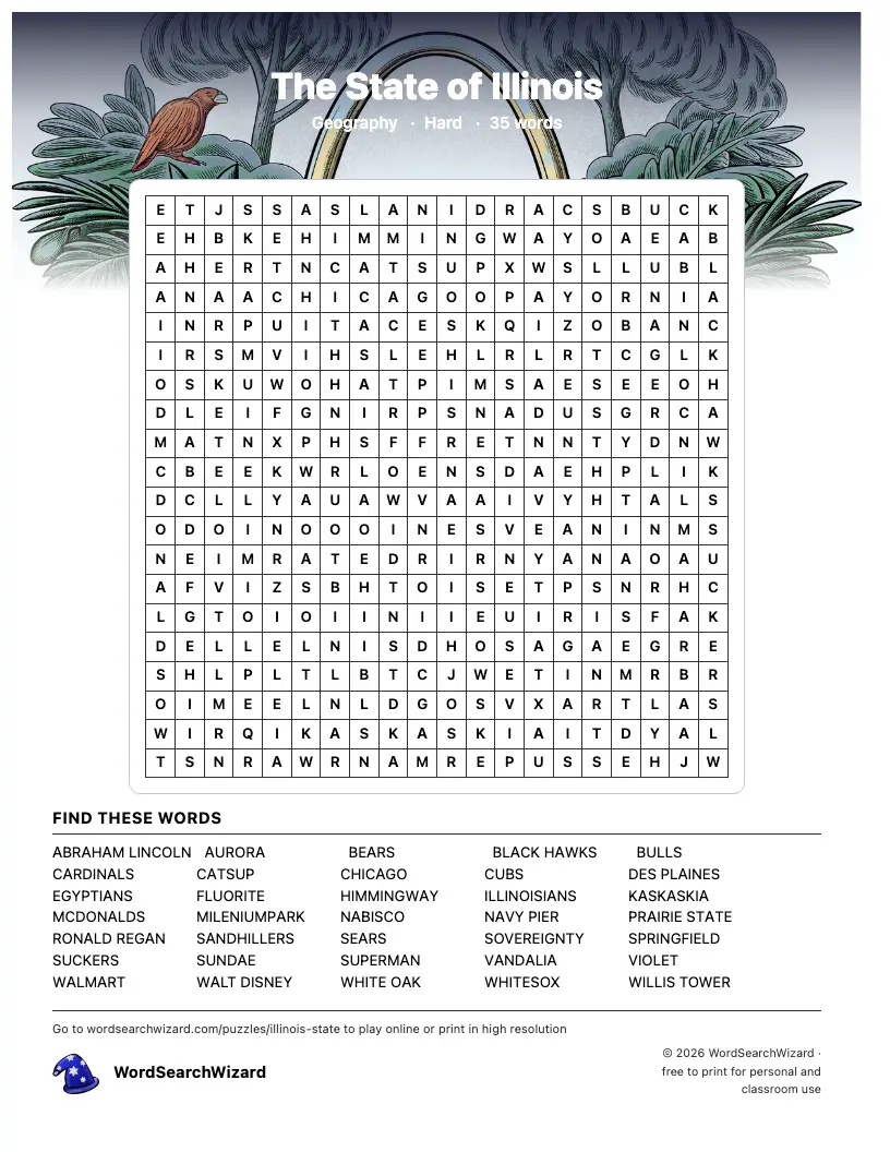 The State of Illinois word search printable sheet, 35 words to find