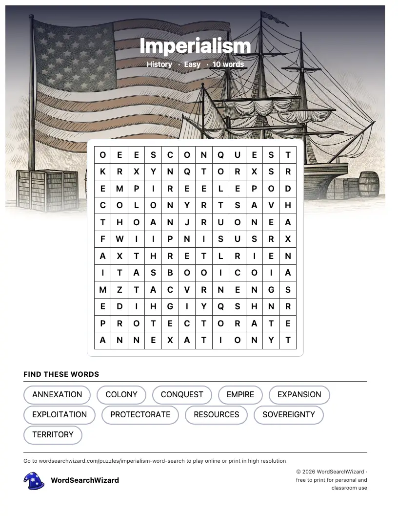 Imperialism word search printable sheet, 10 words to find