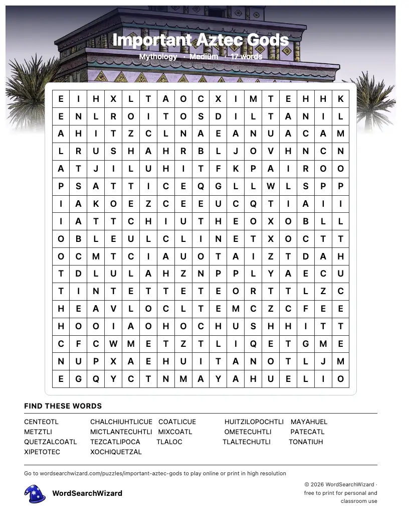 Important Aztec Gods word search printable sheet, 17 words to find