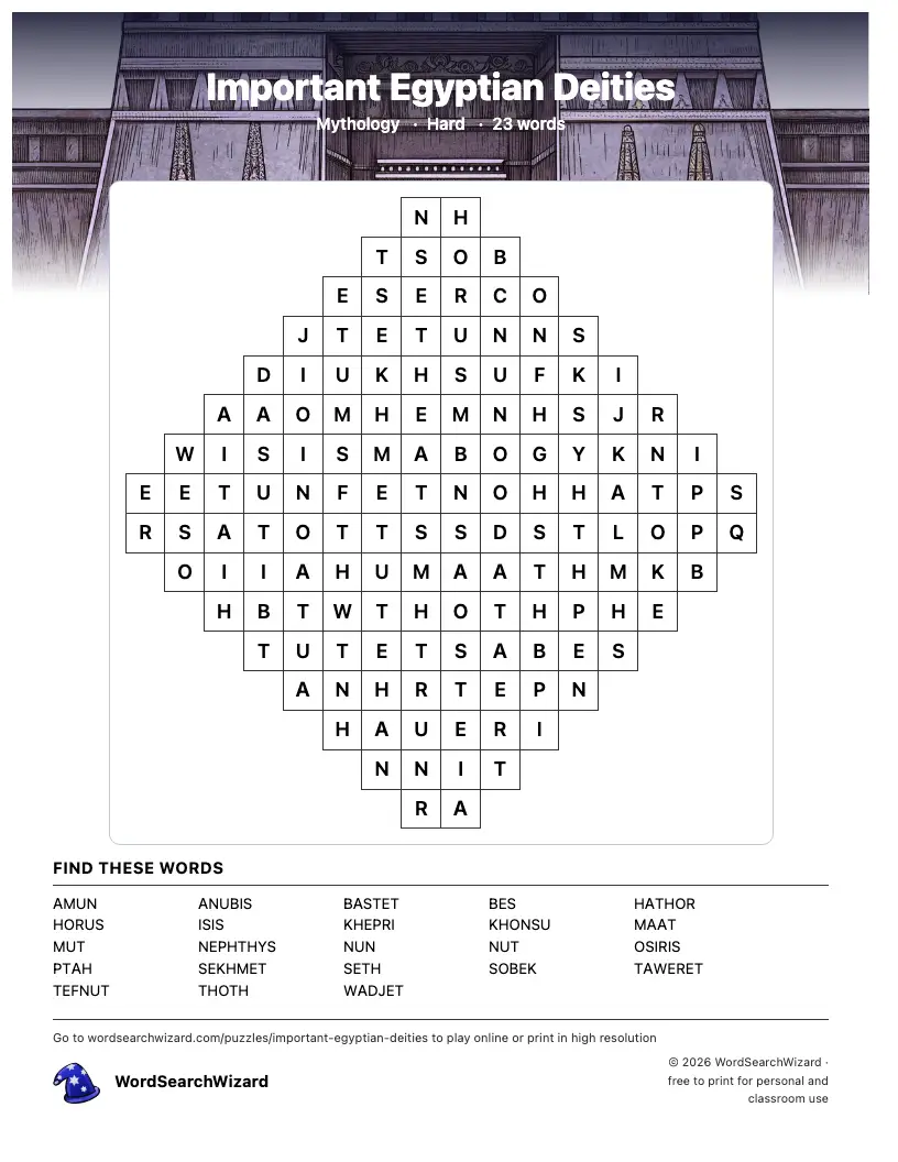 Important Egyptian Deities word search printable sheet, 23 words to find