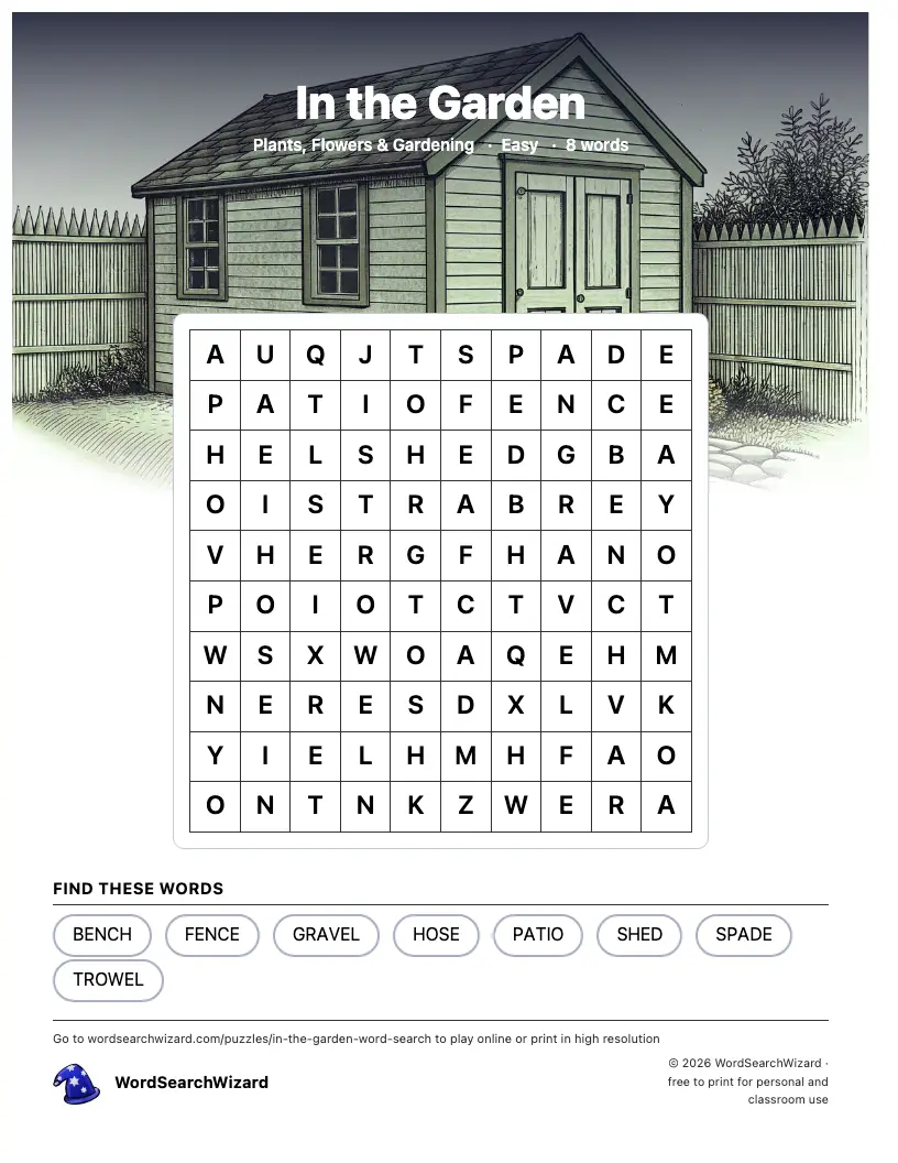 In the Garden word search printable sheet, 8 words to find