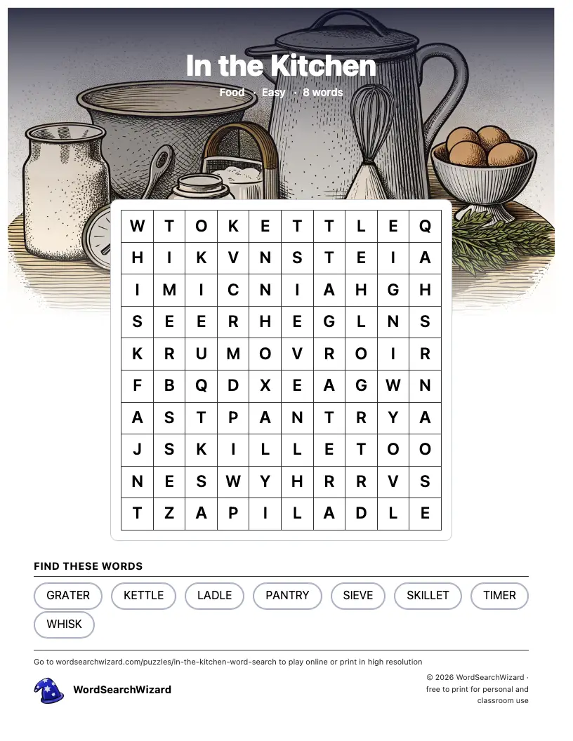 In the Kitchen word search printable sheet, 8 words to find