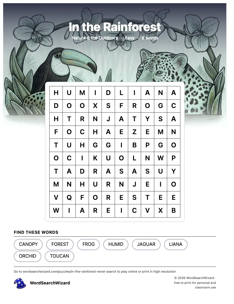 In the Rainforest word search printable sheet, 8 words to find