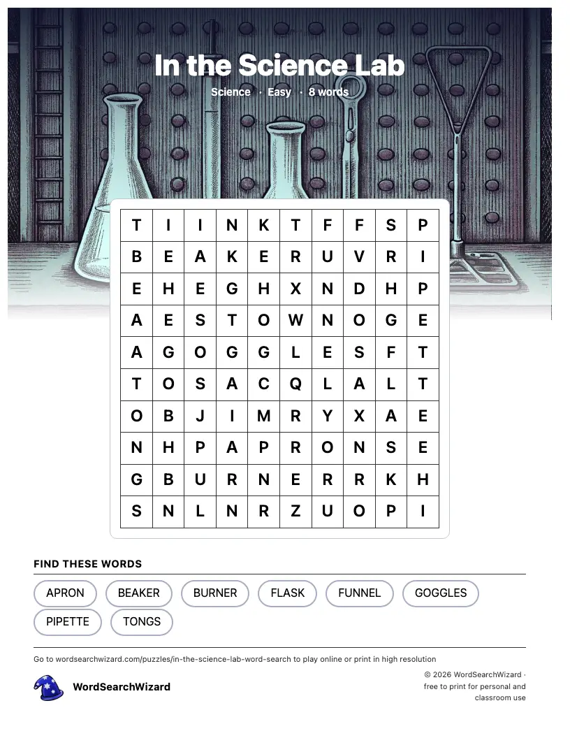In the Science Lab word search printable sheet, 8 words to find