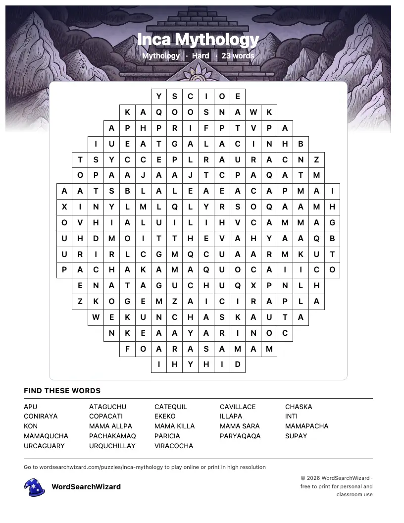 Inca Mythology word search printable sheet, 23 words to find