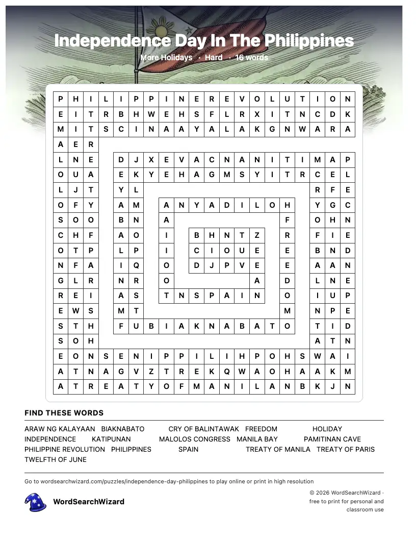 Independence Day In The Philippines word search printable sheet, 16 words to find