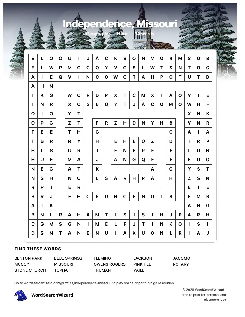 Independence, Missouri word search printable sheet, 14 words to find