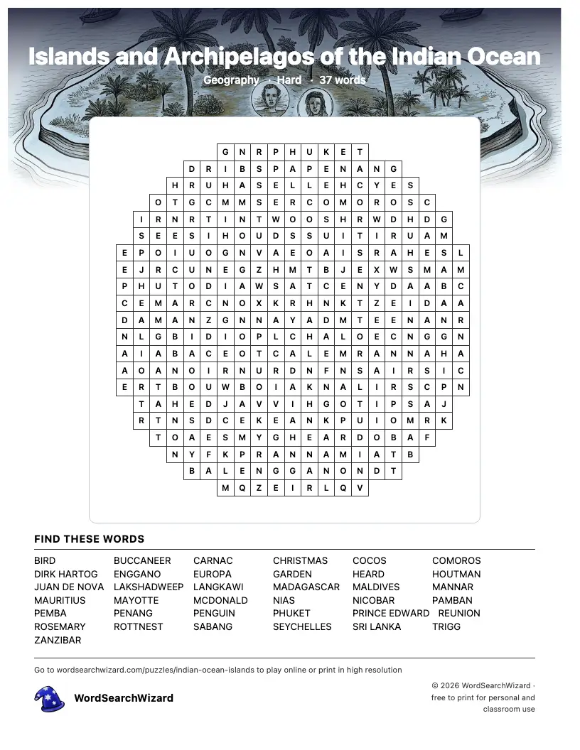 Islands and Archipelagos of the Indian Ocean word search printable sheet, 37 words to find