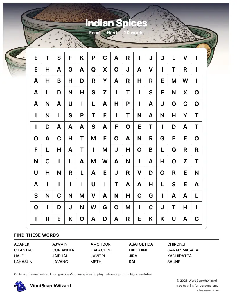 Indian Spices word search printable sheet, 20 words to find