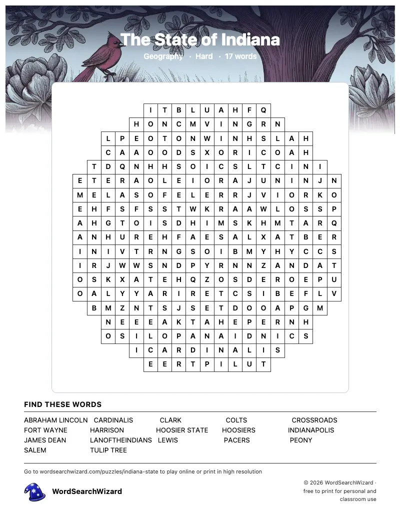 The State of Indiana word search printable sheet, 17 words to find