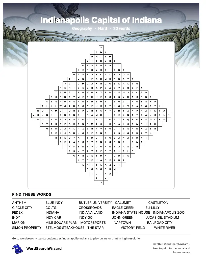 Indianapolis Capital of Indiana word search printable sheet, 30 words to find