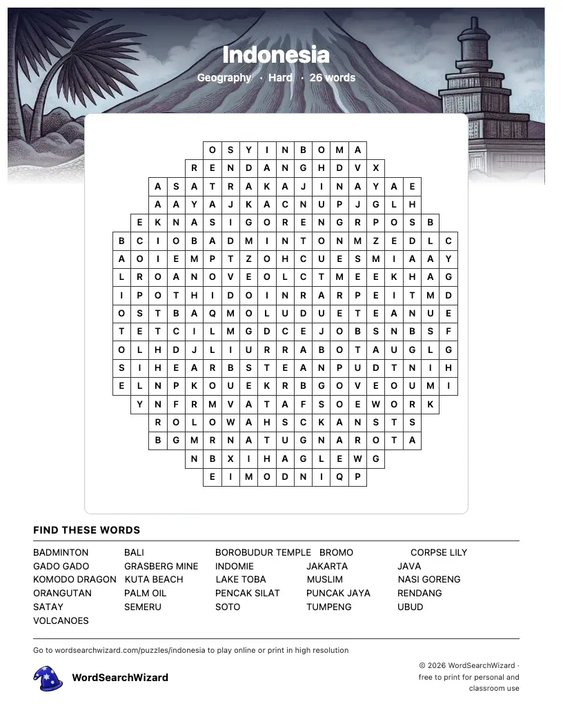 Indonesia word search printable sheet, 26 words to find
