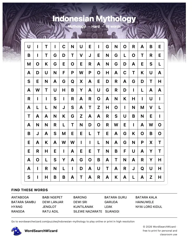 Indonesian Mythology word search printable sheet, 19 words to find