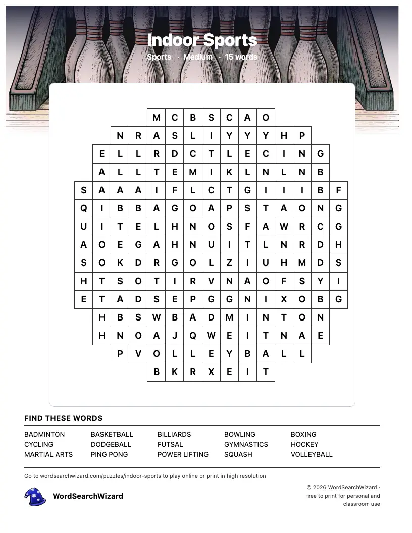 Indoor Sports word search printable sheet, 15 words to find