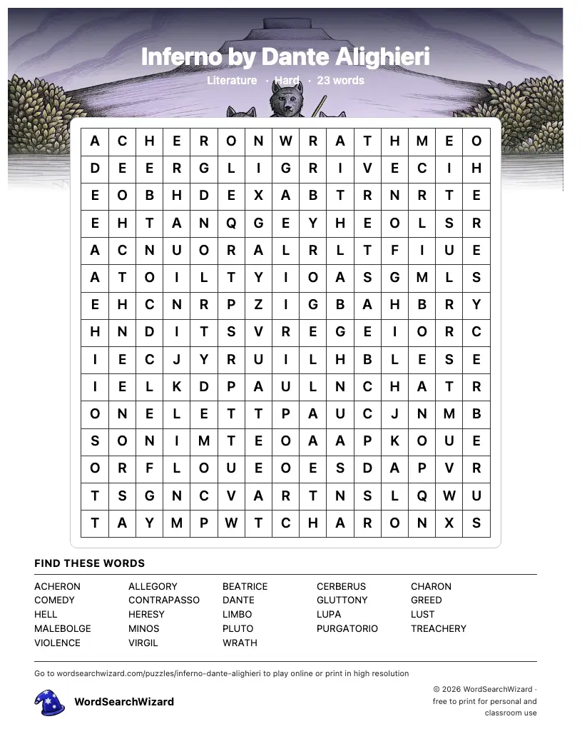 Inferno by Dante Alighieri word search printable sheet, 23 words to find