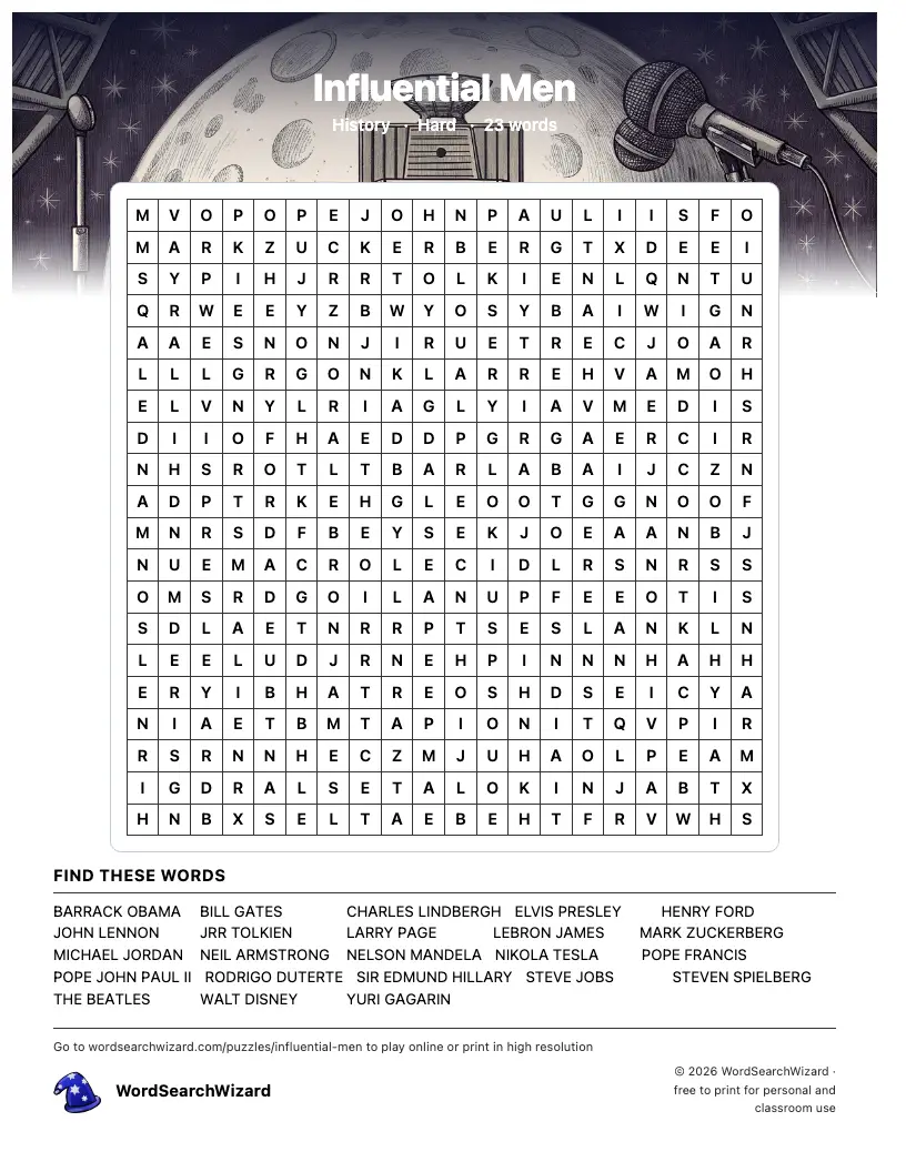 Influential Men word search printable sheet, 23 words to find