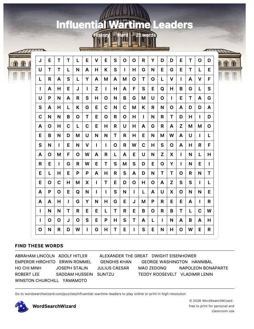 Influential Wartime Leaders word search printable sheet, 21 words to find