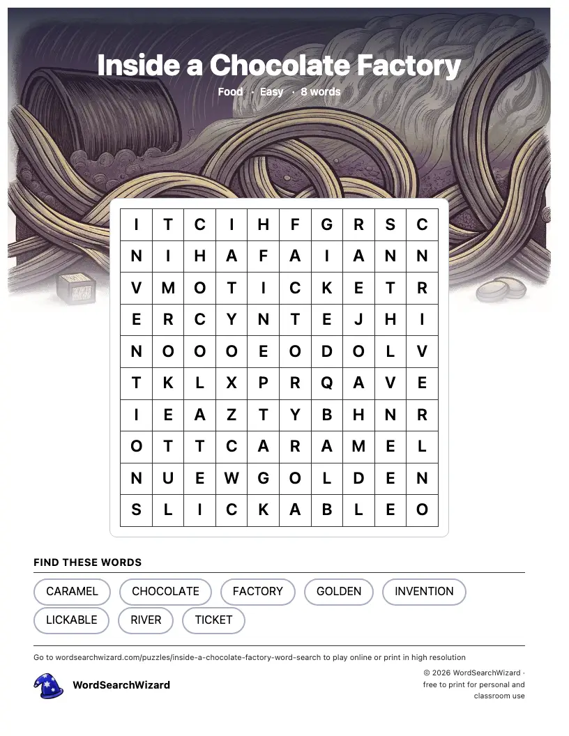 Inside a Chocolate Factory word search printable sheet, 8 words to find