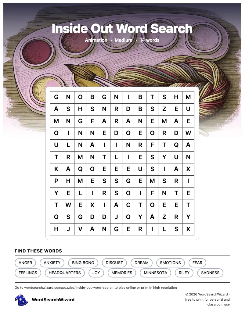 Inside Out word search printable sheet, 14 words to find