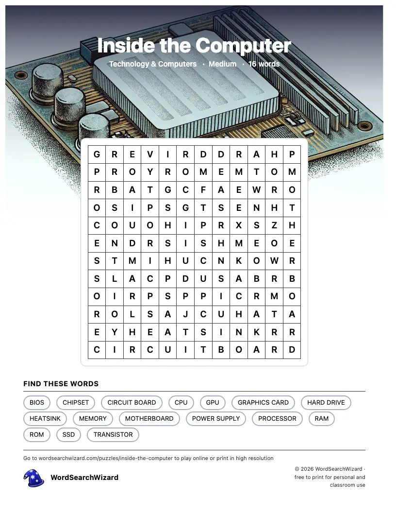 Inside the Computer word search printable sheet, 16 words to find