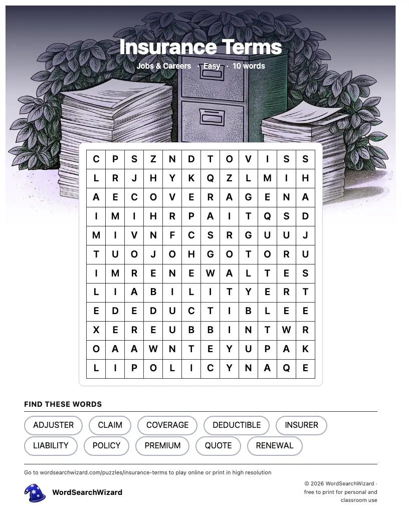 Insurance Terms word search printable sheet, 10 words to find