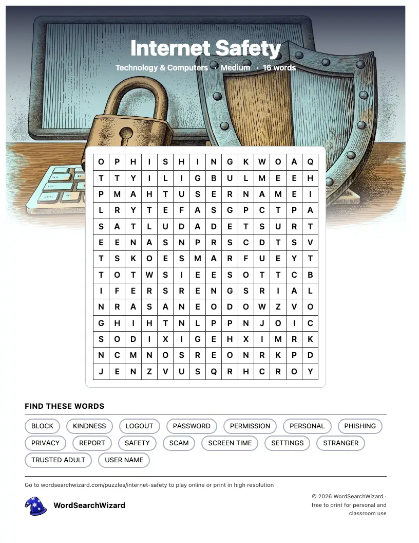 Internet Safety word search printable sheet, 16 words to find