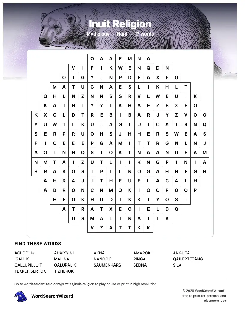 Inuit Religion word search printable sheet, 17 words to find