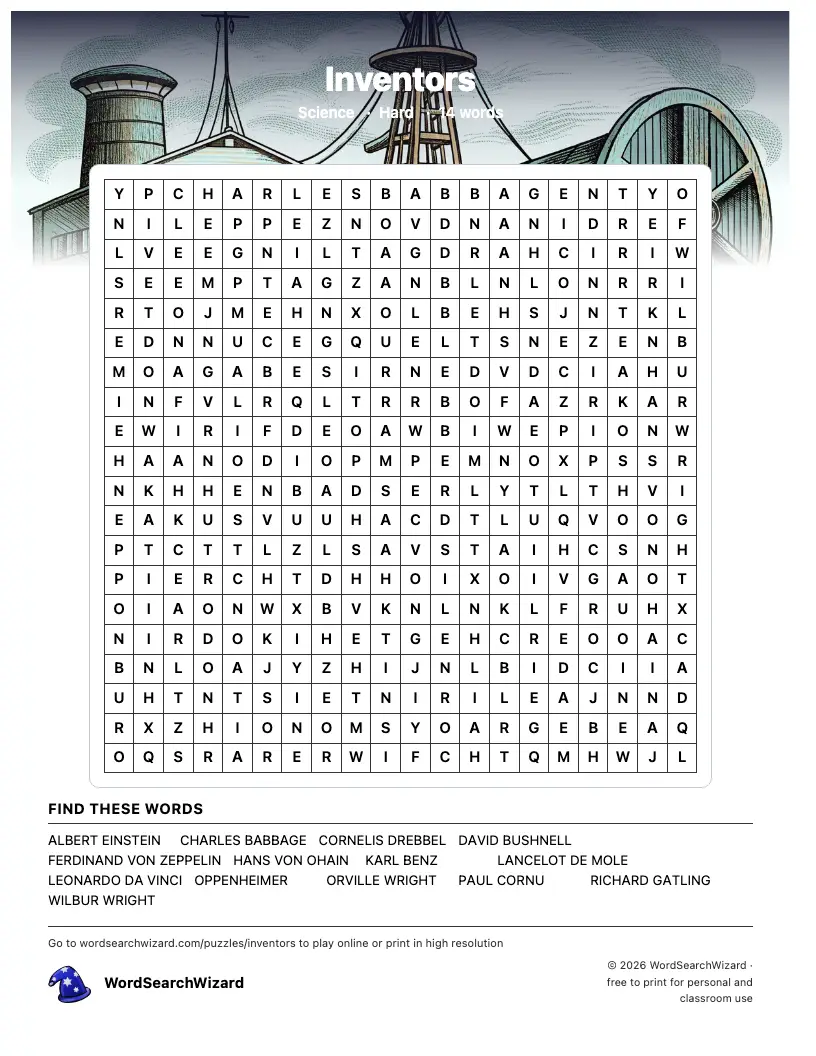 Inventors word search printable sheet, 14 words to find